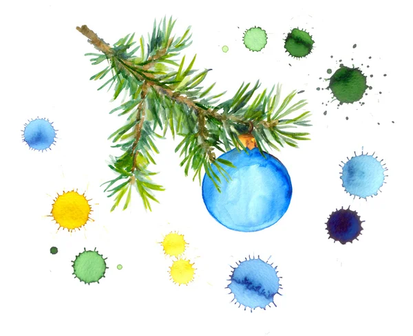 Nieuwjaarskaart met kleurrijke fir tak met bauble in inkt druppels — Stockfoto
