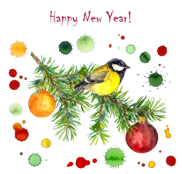 Cartão de Natal com gotas de aquarela, pássaro na árvore de neve de abeto — Fotografia de Stock