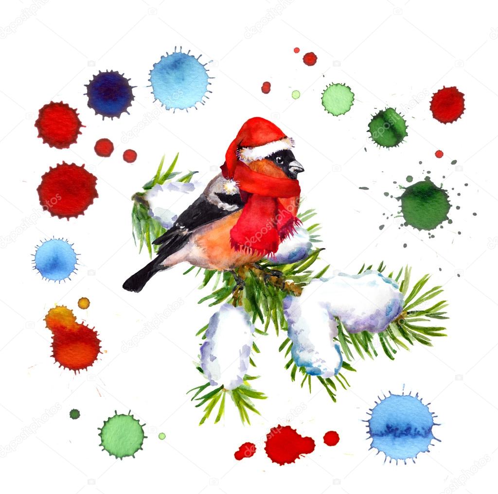 Christmas card with watercolor drops, bird on spruce snow tree