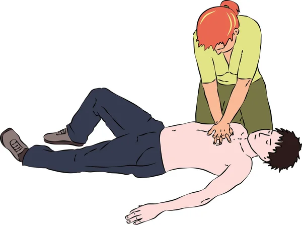 First aid - reanimation procedure. CPR cardiac massage for breathless man — Stock Vector