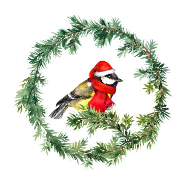 Yeni yıl çelenk - köknar ve baştankara kuş türü Noel Baba şapkası. Suluboya