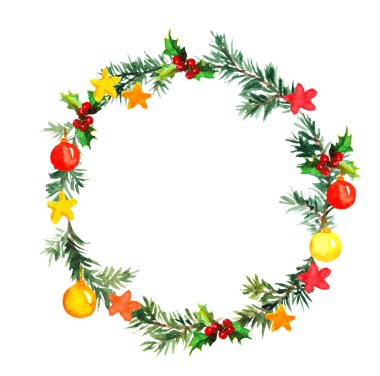 Noel ağacı çelenk baubles ve yıldız. Suluboya