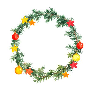 Noel ağacı çelenk baubles ve yıldız. Suluboya