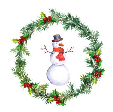 Köknar ağacı dalları ile Noel çelenk içinde kardan adam. Suluboya