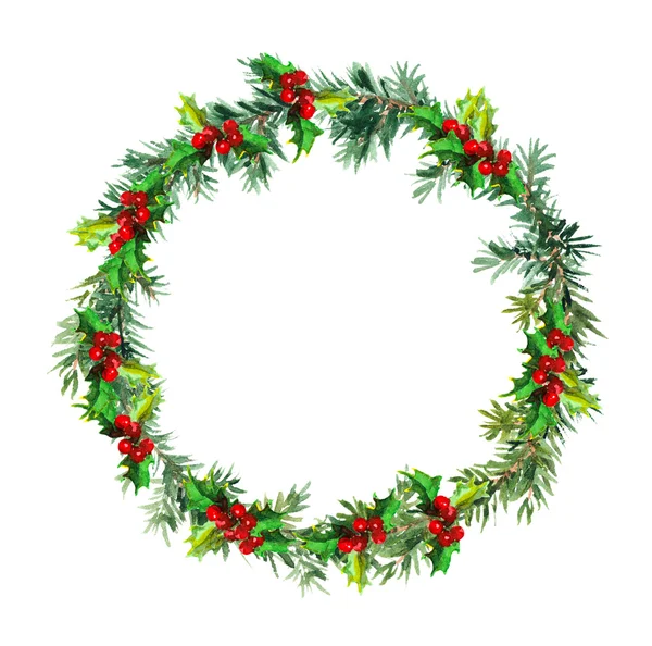 Christmas wreath - fir tree and mistletoe. Watercolor — Stock Photo, Image