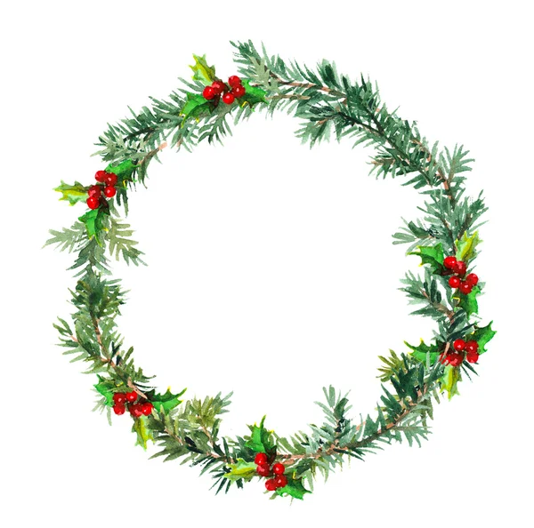 New year wreath - fir tree and mistletoe. Watercolor — Stock Photo, Image