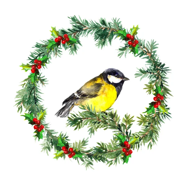 New year wreath - fir, mistletoe and tit bird. Watercolor — Stock Photo, Image