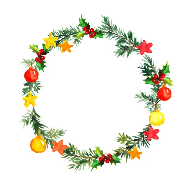 Vánoční strom věnec s cetky a hvězdami. Akvarel — Stock fotografie