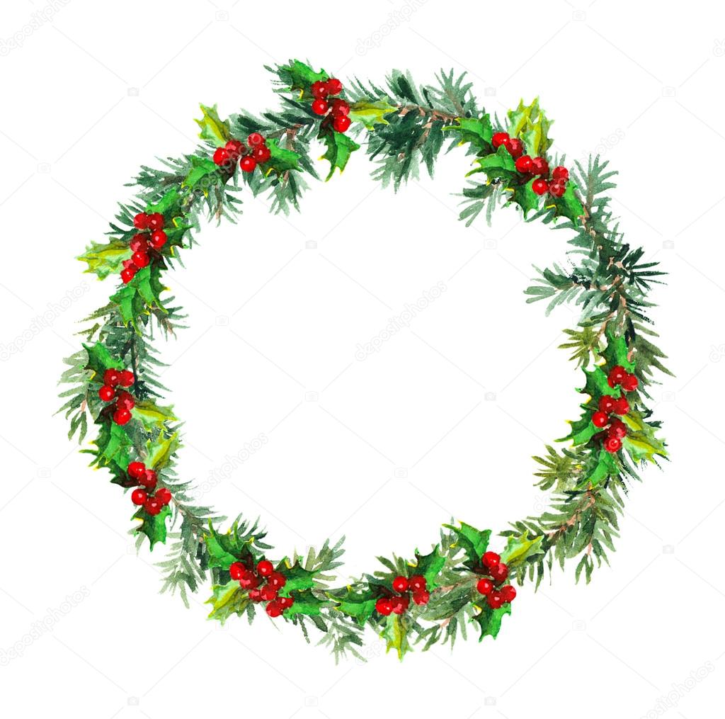 Christmas wreath - fir tree and mistletoe. Watercolor