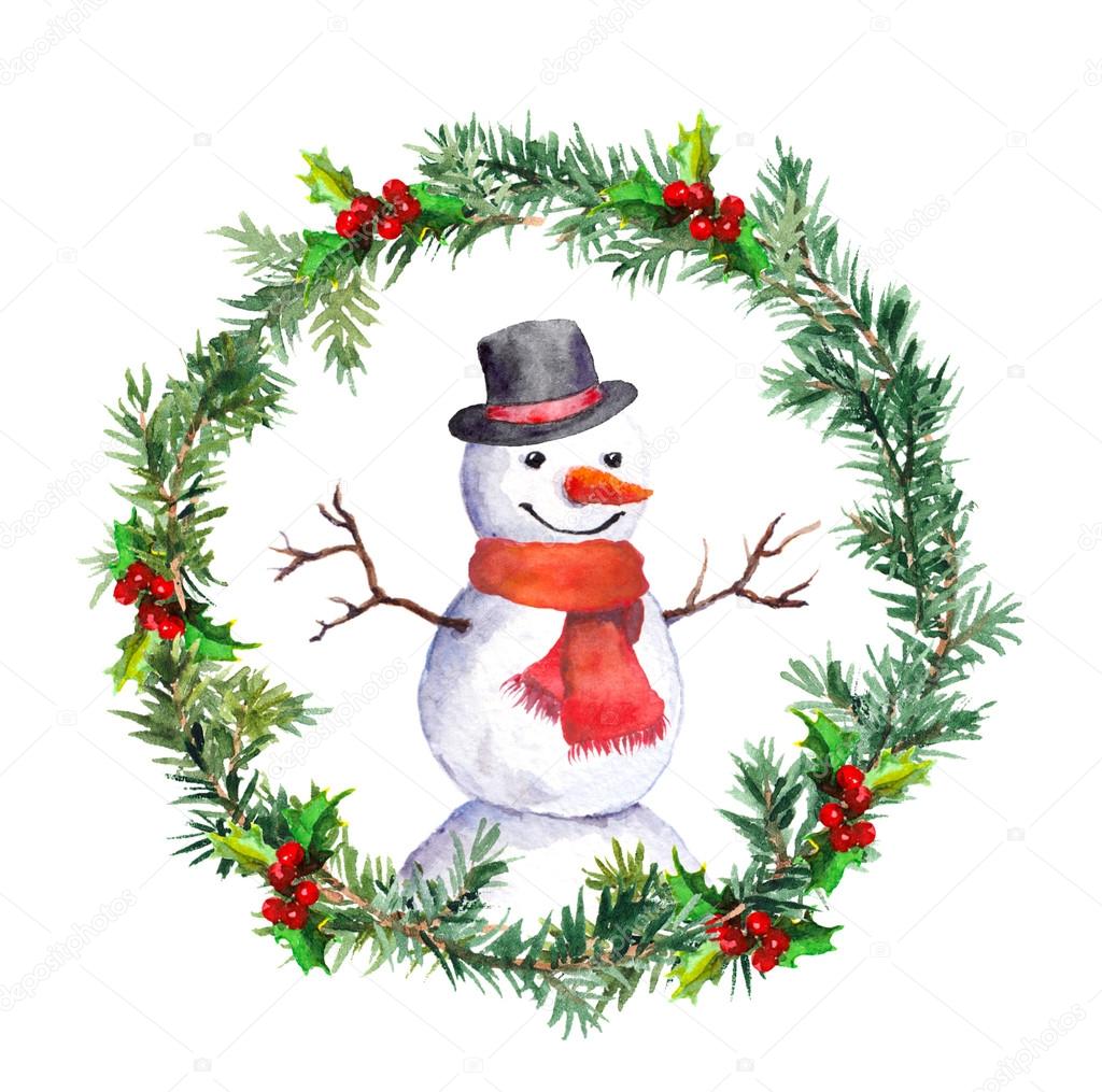 Snowman in christmas wreath with fir tree branches. Watercolor