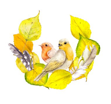 Sarı yapraklar, tüyler ve kuş sonbahar çelenk çerçeve.