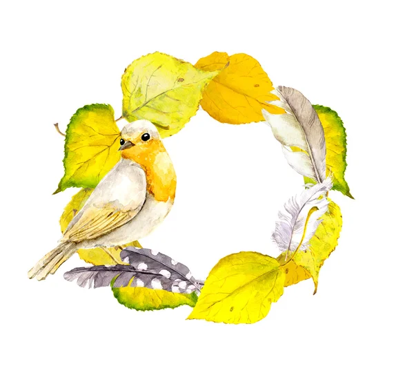 Herbstkranzrahmen mit gelben Blättern, Federn und Vogel. — Stockfoto