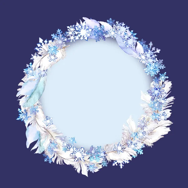 Christmas wreath with snow flakes and feathers. Watercolor card — Stock Photo, Image