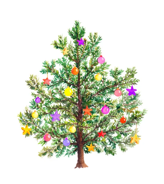 Weihnachtsbaum mit dekorativen Kugeln. Aquarell — Stockfoto