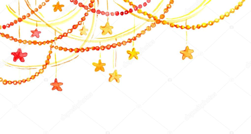 Christmas frame - garland with stars. Watercolor corner border