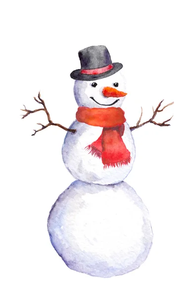 Smiling snowman with carrot, top hat and red scarf — Stock Photo, Image