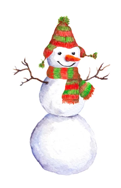 Akvarell målat snögubben i röd-grön scarf och hatt — Stockfoto