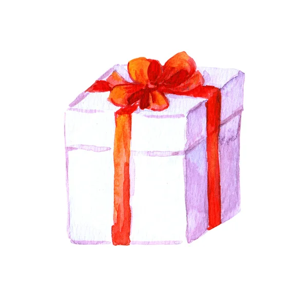 Caja de regalo única blanca con lazo rojo. Acuarela — Foto de Stock