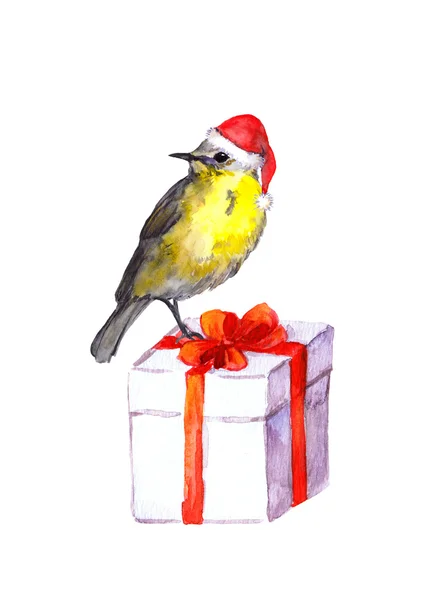 Bird in red santa hat on new year gift box with red bow. — Stock Photo, Image