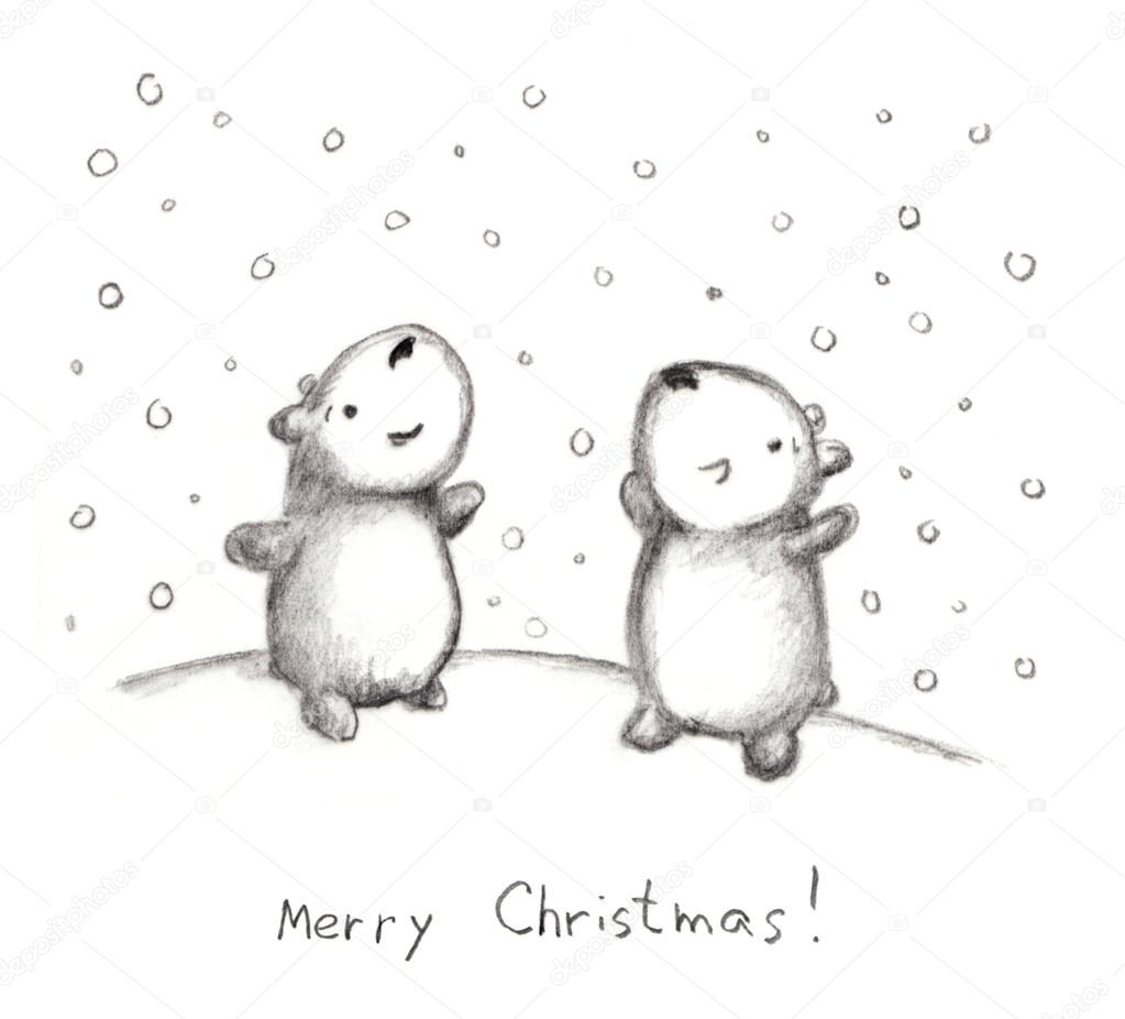 Hand drawn Christmas sketch with bears and snow, pencil