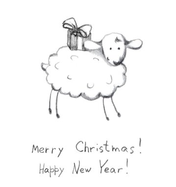 Christmas sheep - pencil painted sketch. New year postcard clipart