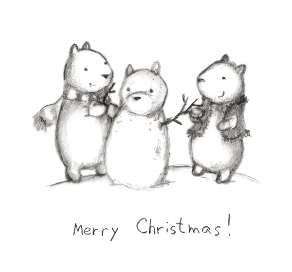 Christmas card with funny bears and snowman — Stock Photo, Image