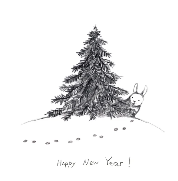 Cartão retro de Ano Novo com coelho e abeto — Fotografia de Stock
