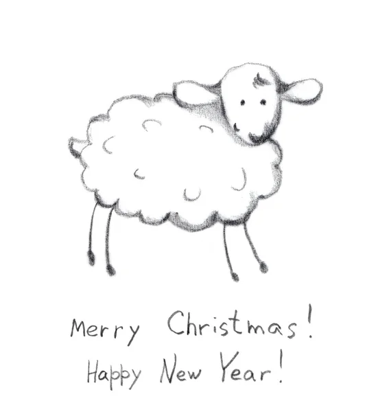 圣诞羊-铅笔素描画。圣诞贺卡 — 图库照片