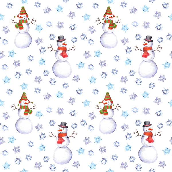 Sömlös jul bakgrund med akvarell snögubbar — Stockfoto