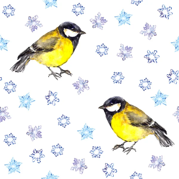 Повторяя бесконечный фон с милыми птичками сиськами в снежинках — стоковое фото