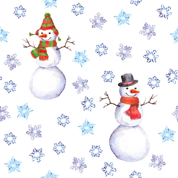 Winter seamless background with smiling snowmen and snow — Stock Photo, Image