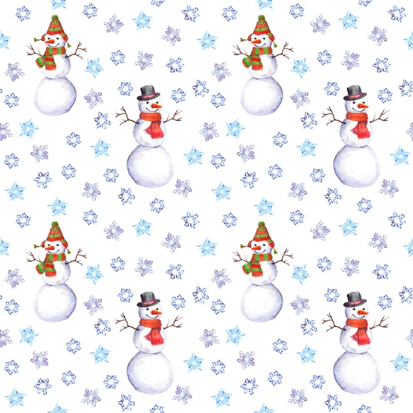 Seamless repeating design with cheerful snowmen in snowfall — Stock Photo, Image