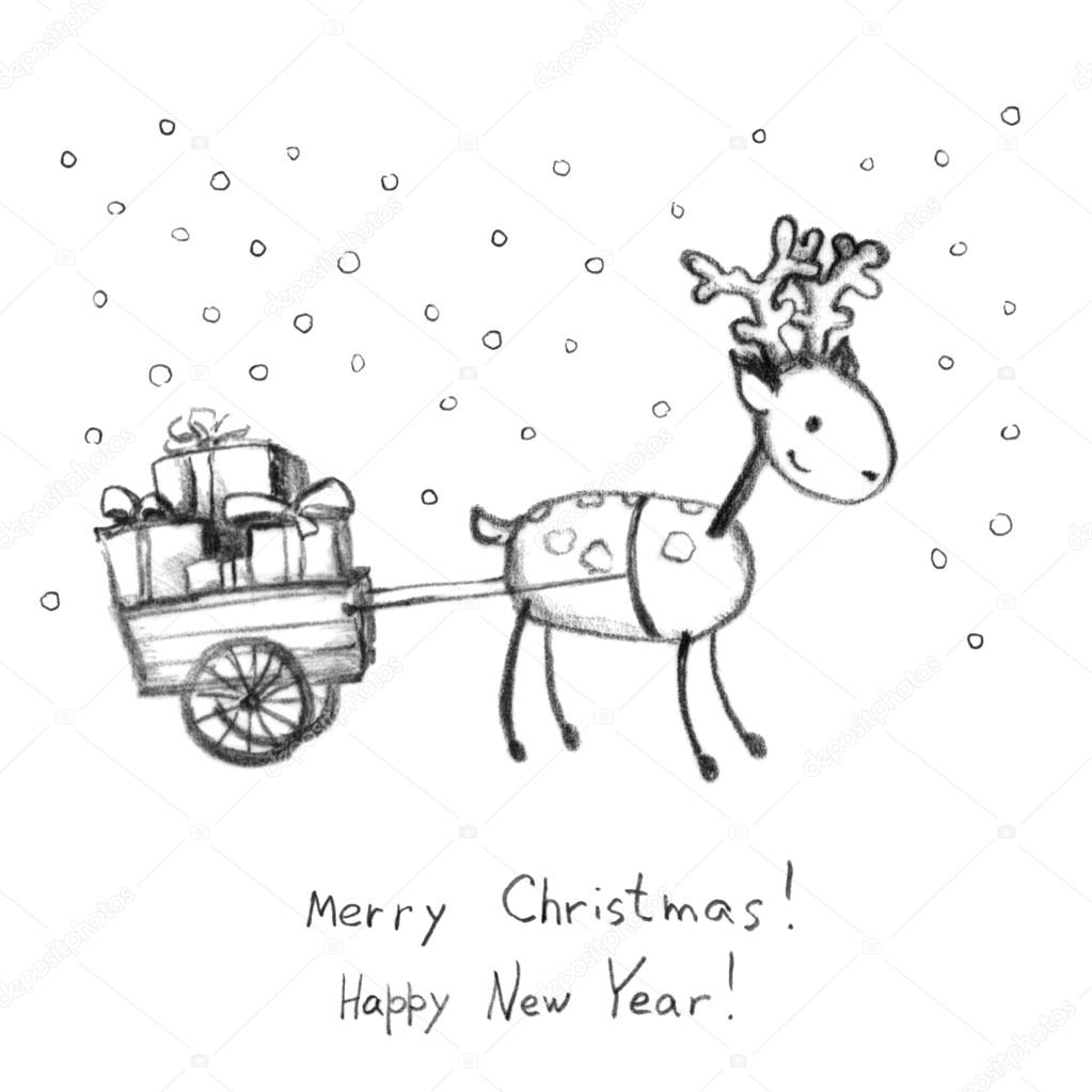 Deer and sledge with presents - greeting card, pencil