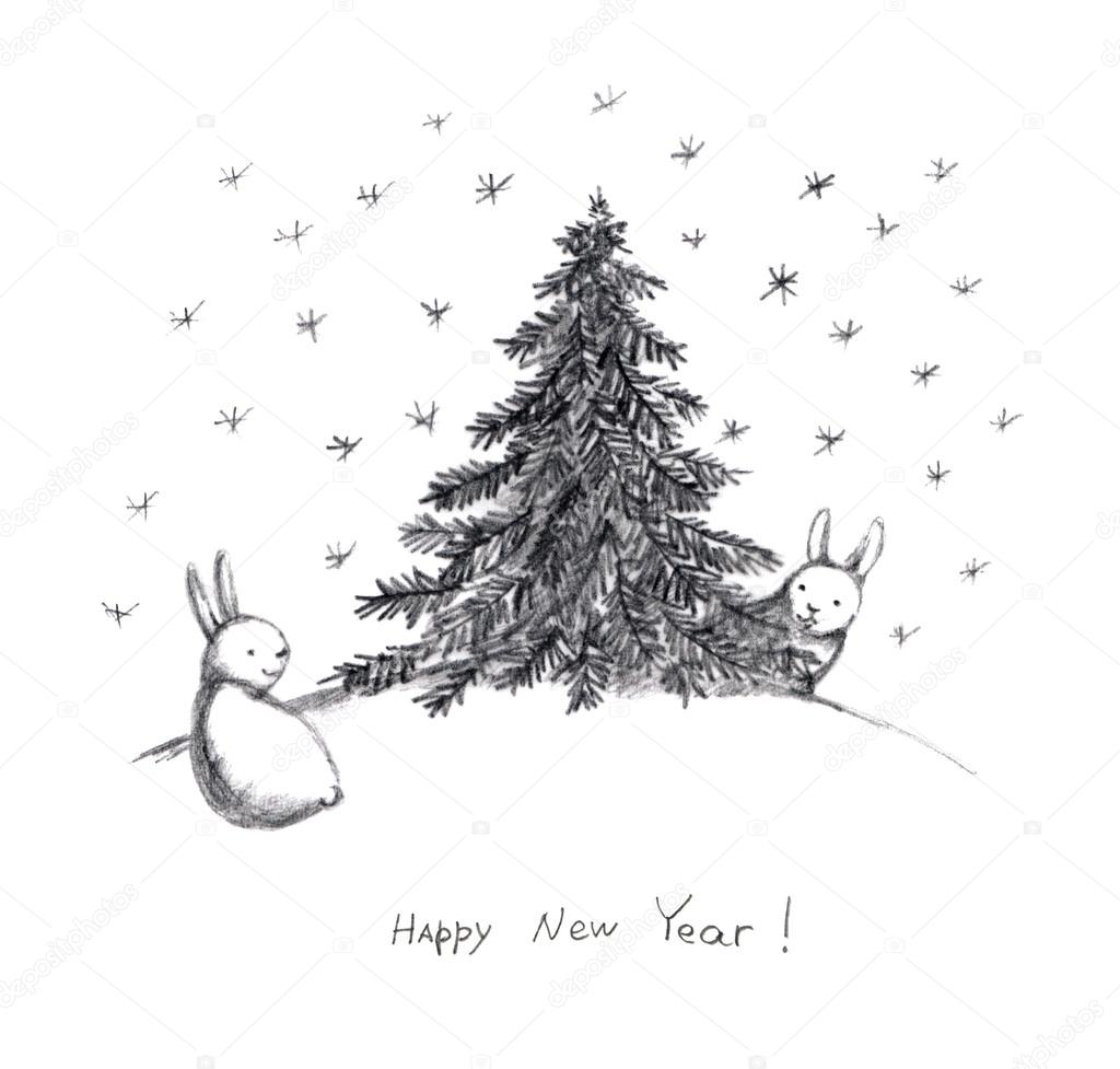 Bunny Sketches New Year Card With Rabbits And Snowflakes