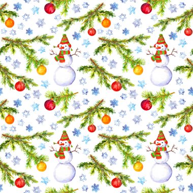 Noel ağacı dalı, kardan adam ve kuş desen. Suluboya