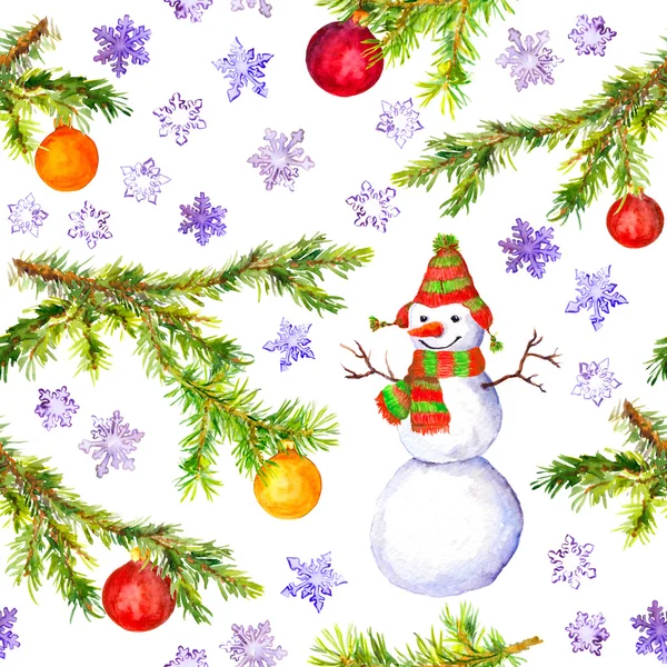 Χριστουγεννιάτικο δέντρο υποκατάστημα, χιονάνθρωπος και πουλί μοτίβο. Ακουαρέλα — Φωτογραφία Αρχείου