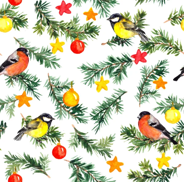 Птицы на елке с рождественским декором. Акварель — стоковое фото