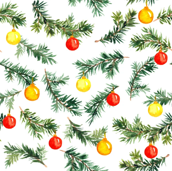 Christmas, new year decor on fir tree branch. Watercolor pattern — Stock Photo, Image