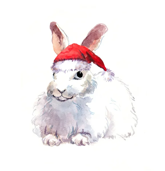 New year rabbit in red santas hat. Watercolor christmas animal — Stock Photo, Image