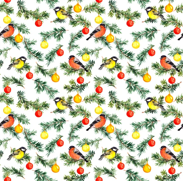 Birds on fir tree with christmas decor. Watercolor pattern Stock Photo