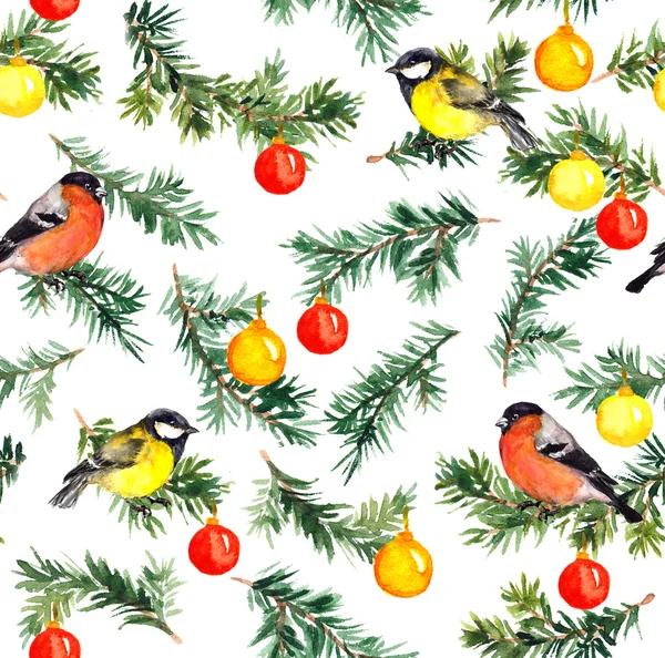 Birds on fir tree with christmas decor. Watercolor pattern Stock Picture