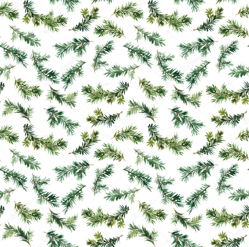 Pine, spruce tree branch. Watercolor repeat seamless pattern