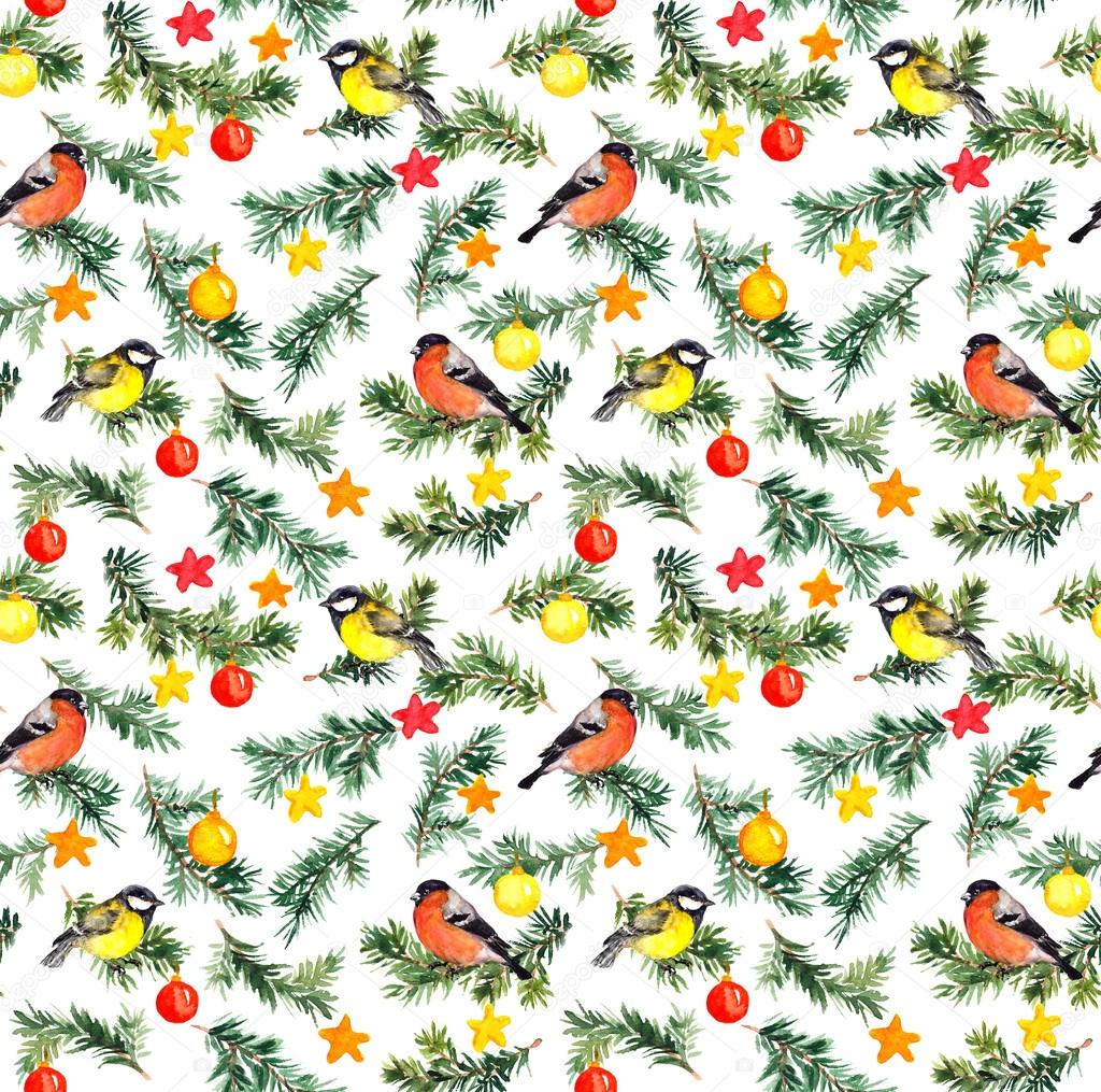 Uccelli sull albero di abete con decori di Natale Modello dell acquerello — Foto
