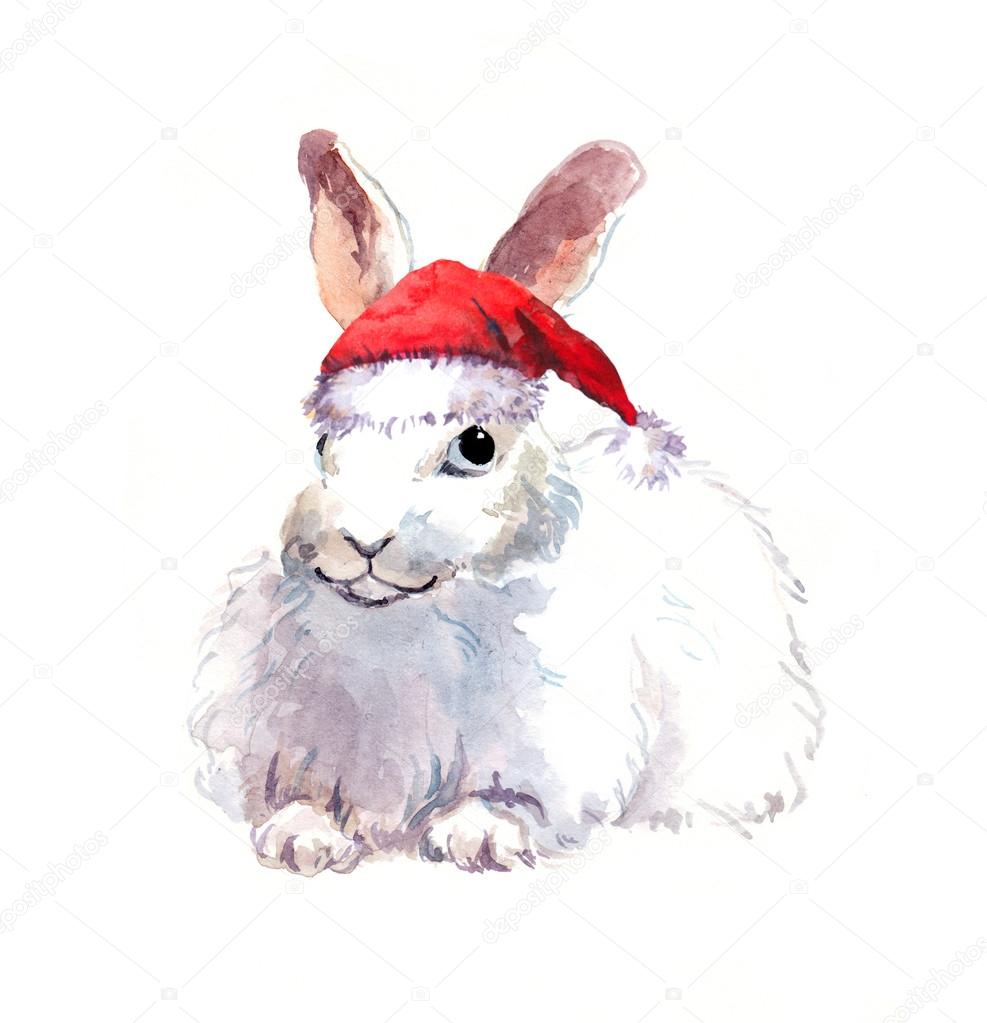 New year rabbit in red santas hat. Watercolor christmas animal