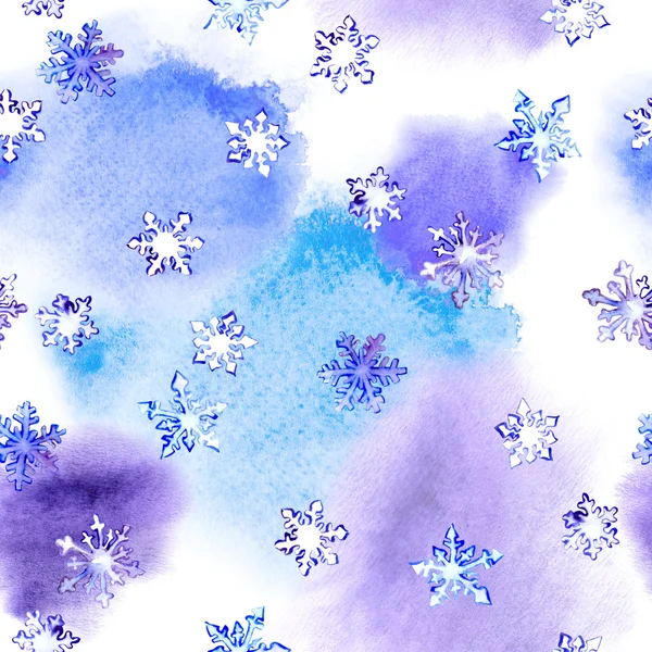 Repetir el patrón de invierno con copos de nieve en la mancha acuarela —  Fotos de Stock
