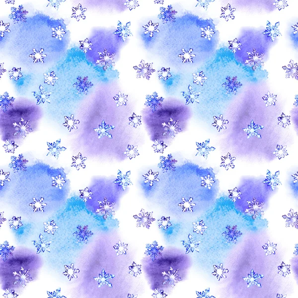 Repeating winter pattern with snowflakes on blotch watercolor — Stock Photo, Image