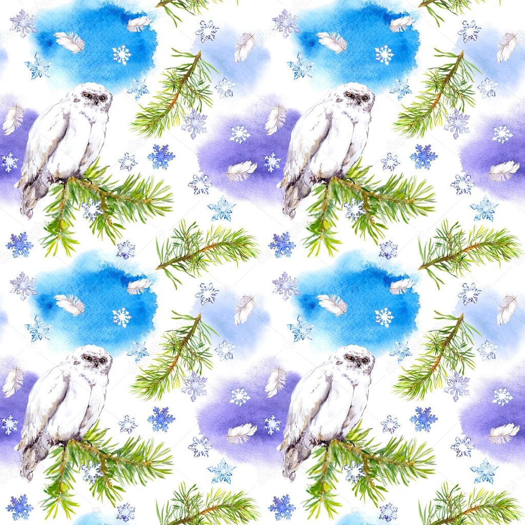 White owl bird and snow. Repeating winter pattern, Watercolour