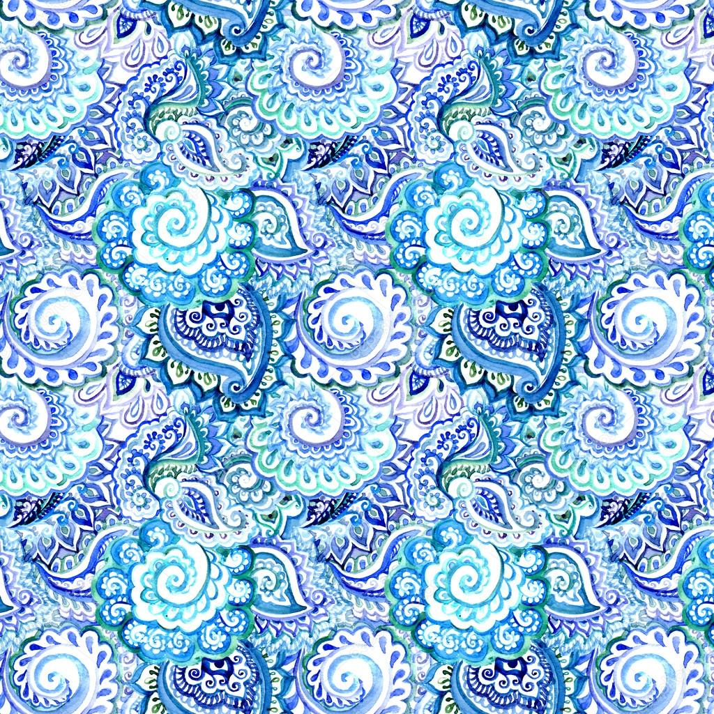 Ornate blue watercolor background with indian ornamental design