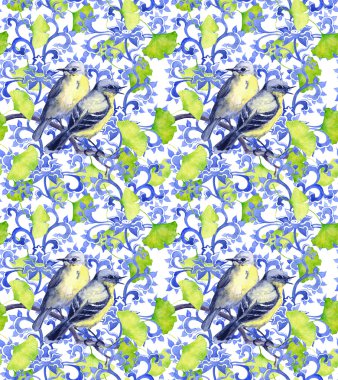 Asian ethnic ornament with birds and green ginko leaves