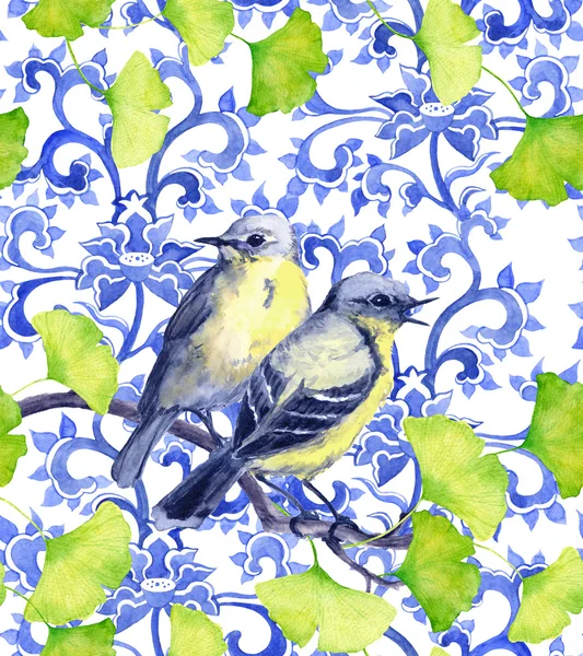 Birds and asian design. Seamless watercolor ornament — Stok fotoğraf
